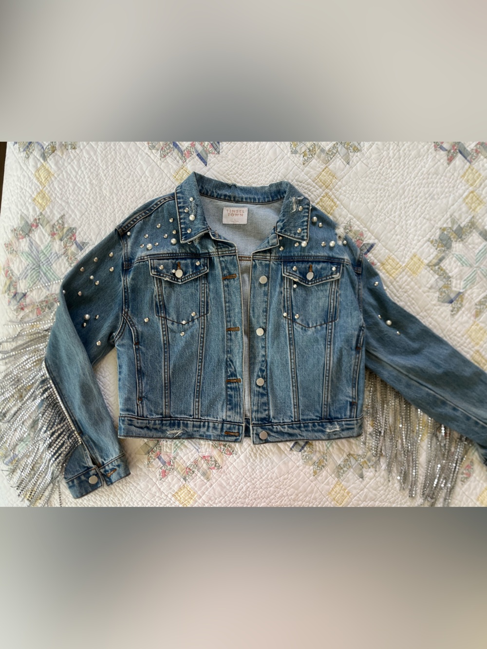 Embellished Rhinestone Fringe Denim Jacket